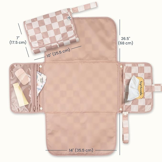 Tiny Twinkle Portable Diaper Changing Pad | Waterproof, Wipeable & Compact Baby Changing Pad for Travel | Smart Wipes Pocket & Organized Storage| Newborn Shower Gift (Beige Checkers)