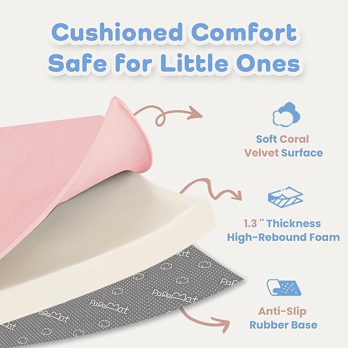 1.3" Thick Baby Floor Play Mat 59x79, Basic Padded Foam Mat for Tummy Time Crawling, Non Slip Cushioned for Babies Toddlers Infants Kids (Pink)