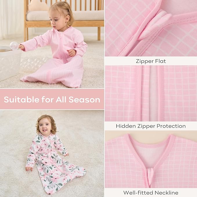 Yoofoss Baby Sleep Sack 0-6 Months Long Sleeve Wearable Blanket Baby 100% Cotton 2-Way Zipper 0.5 Tog Newborn Sleeping Sack, Lightweight(Small)