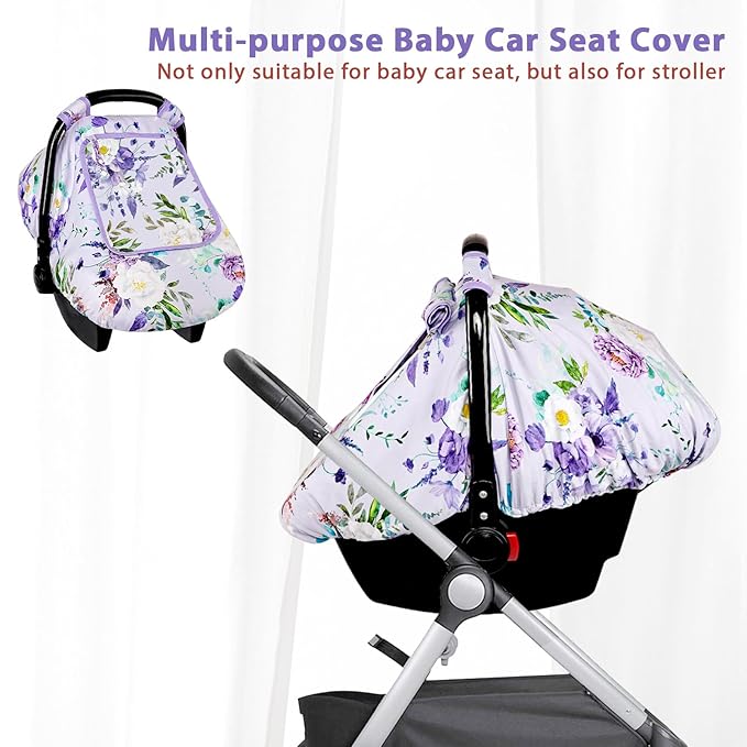 Car Seat Cover Baby Girl, Warm Winter Carseat Cover for Baby, Purple Floral Infant Car Seat Canopy with Peep Window, for Protecting Baby from Wind & Sun, Kick-Proof & Windproof