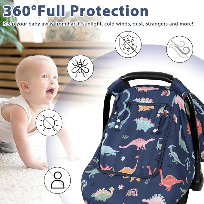 Car Seat Cover Baby, Anti-Kick Carseat Covers Baby Boy, Warm Minky Infant Car Seat Canopy with Breathable Mesh Window, Multi-Use Cover Protecting Baby from Wind, Sun, Strangers, Blue Dinosaur