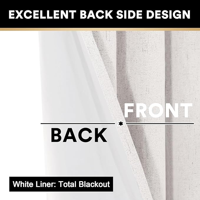 PrinceDeco 100% Blackout Curtains 102 Inches Long with Thermal Insulated White Liner Linen Textured Blackout Curtains for Bedroom, W52 x L102, 2 Panels,102 inch Length for Doorway, Office, Ivory