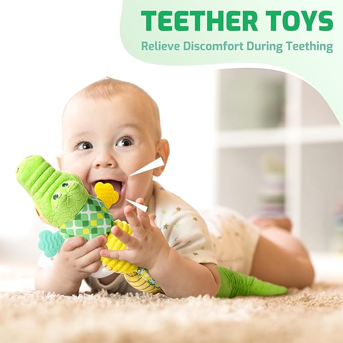 Sumobaby Baby Toys Musical Crocodile, Stuffed Animal Activity Soft Toys with Teether,Multi-Sensory Crinkle, Rattle and Textures, for Tummy Time Baby Toys 0 to 12 Months Boys, Girls, Alligator (Green)