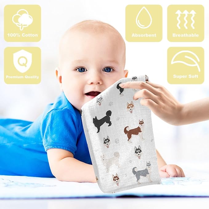 vvfelixl Baby Cotton Washcloths Siberian Husky Dog Infants Bath Towel for Unisex Puppy Face Towels for Newborn, Natural Baby Wipes Delicate Skin, 11.8 X 11.8 inch, one sizex3