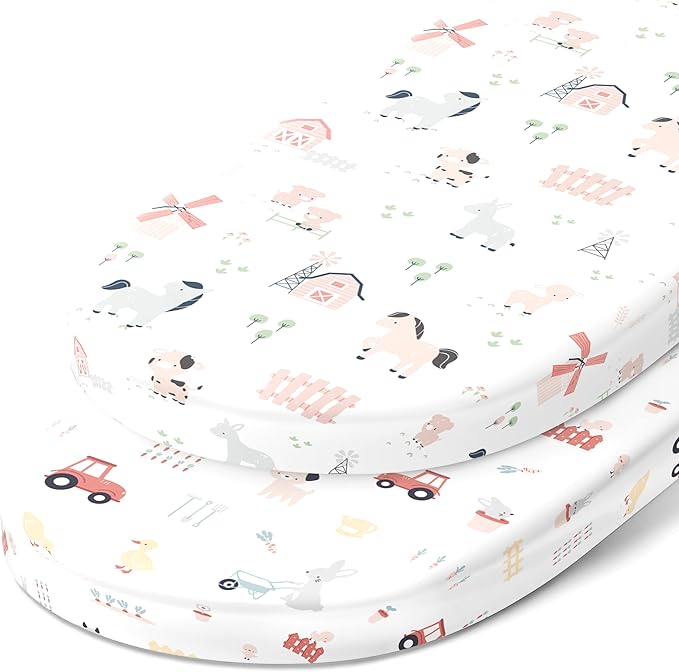 Bassinet Fitted Sheets for Halo Bassinest Swivel Sleeper Mattress – Snuggly Soft 100% Jersey Cotton – 2 Pack – Farm Animals – 2 Pack