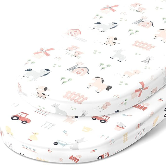 Bassinet Fitted Sheets for Fisher Price Bassinet Soothing Motions, Stow and Go, Rock with Me and Soothing View Bassinet – Snuggly Soft 100% Jersey Cotton – Farm Animals – 2 Pack