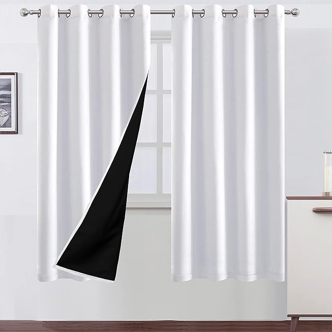 LEMOMO 100% Blackout Curtains 52 x 72 Inch/2 Panels with Black Lining Room Darkening Thermal Insulated Bedroom White Curtains