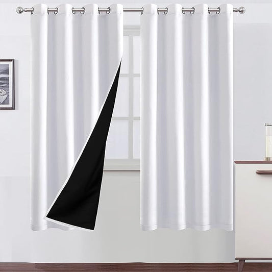 LEMOMO 100% Blackout Curtains 52 x 72 Inch/2 Panels with Black Lining Room Darkening Thermal Insulated Bedroom White Curtains