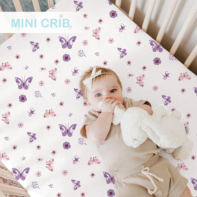 Bimocosy Pack and Play Sheets Fitted 4 Pack, 38 x 26 Inch Pack n Play Mini Crib Sheets for Boys and Girls, Soft Stretchy Playard Mattress Sheets for Graco Pack n Play, Butterfly Meadow