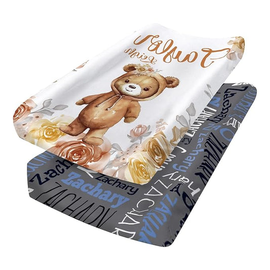 Custom Changing Pad Cover Set - Jersey Knit Ultra Soft Unisex Waterproof Diaper Changing Table Covers with Personalized Name for Baby Boys Girls - Comfy Cozy 2 Pcs Set Style13