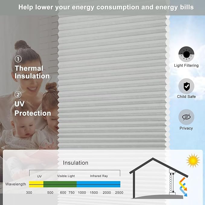 Changshade Cellular Shades Cordless Blinds for Indoor Windows, Honeycomb Blinds Pleated Window Shades Light Filtering for Bedroom, Bathroom, Shade Size 72 inch High 72 inch Wide, Gray