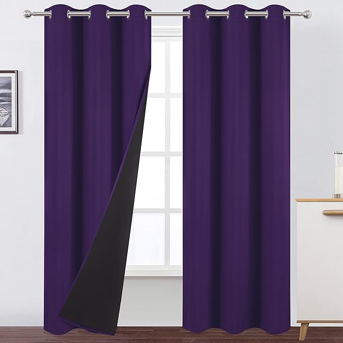 LEMOMO 100% Blackout Curtains 40 x 84 Inch/Purple Curtains 2 Panels with Black Lining Room Darkening Thermal Insulated Bedroom Curtains
