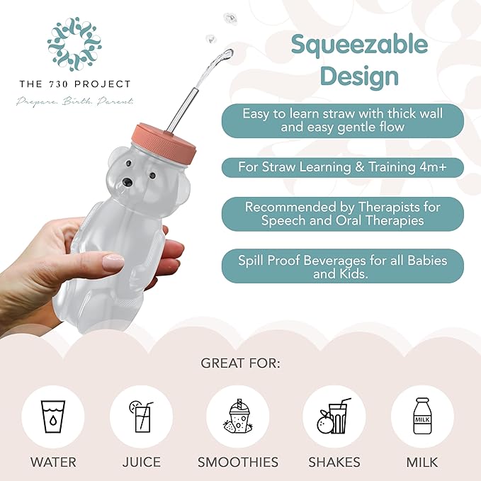 The 730 Project Honey Bear Straw Cup for Babies, 8-oz Honey Bear Cup with Lid, 3-Pack Therapy Learning Honeybear Straw, Baby Bottle Set, Firetruck RED