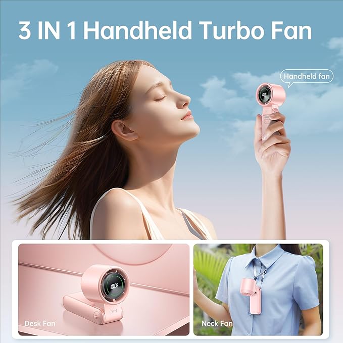 3-in-1 Portable Handheld Turbo Fan-100 Speeds, 13500RPM, 12Hrs Cooling, Digital Display, 120° Rotation, USB Rechargeable Mini Hand Held Personal Fan for Travel, Makeup, Outdoor, Indoor (Pink)