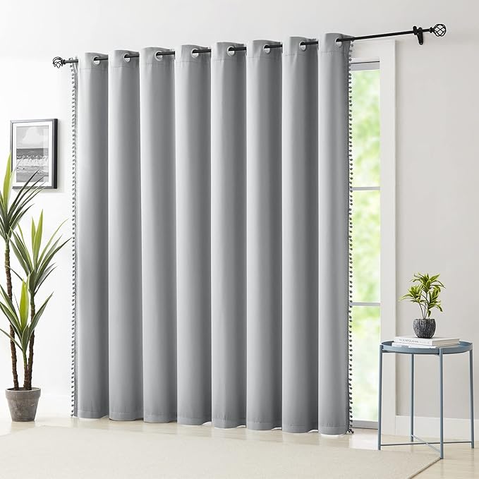 Treatmentex Grey Extra Wide Blackout Curtains 100x84 Length Pom Pom Grey Sliding Door Curtains for Bedroom Thermal Insulated Living Room Divider Drapes Grommet Top 1pc, 7' Tall by 8.5' Wide