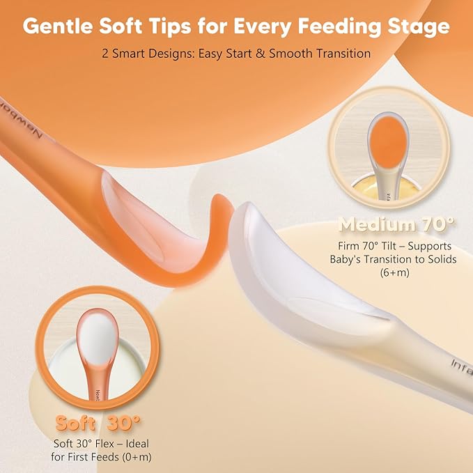 Omnilove Silicone Baby Spoons 2-Pack with Case, New Born Self Feeding Toddler Spoon, Baby Led Weaning Supplies, Toddler Utensils with Safety Chain, Baby Eating Essentials, Dishwasher Safe