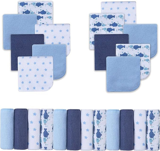 Viviland Baby Washcloths, Super Soft Baby Bath Towels for Newborn 24 Pack, Absorbent Face & Body Wash Cloth for Baby Boy, Whale Bro Pattern, 9 x 9 inch