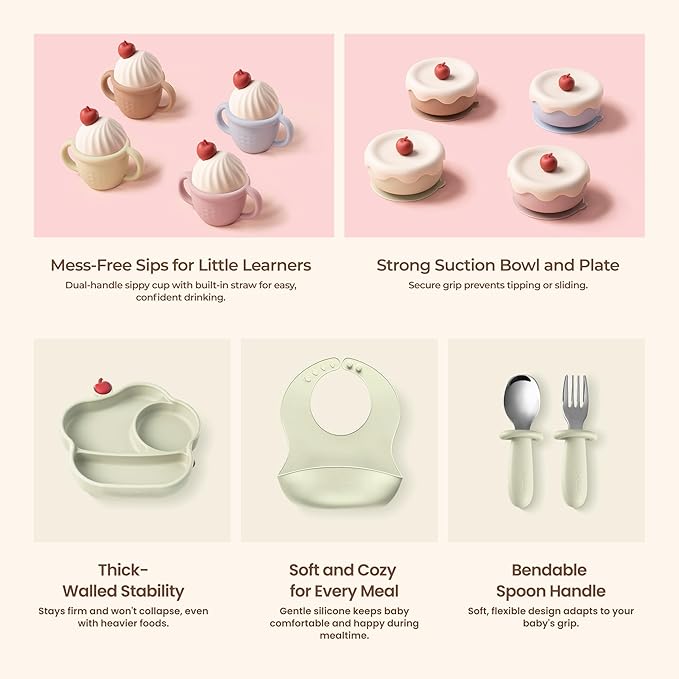 COZY ROCK Silicone Baby Feeding Set, Gelato Collection Baby Led Weaning Supplies, First Self-Feeding Set with Silicone Suction Bowl & Plate, Straw Cup & Bib, Fork & Spoon Silicone Baby (Green)