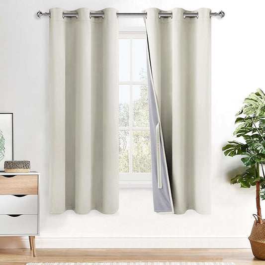 XWZO 100% Blackout Curtains 63 Inches Long with Tiebacks- Heat and Full Light Blocking, Thermal Insulated Window Panels with Grommets for Bedroom/Nursery, Ivory Beige, W42 x L63, Set of 2 Draperies