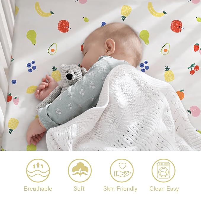 Little Grape Land Crib Sheets 2 Pack for Boys and Girls, Baby Neutral Crib Fitted Sheets for Standard Crib & Toddler Mattress, Super Soft Breathable Fitted Crib Sheet Set, Fruits