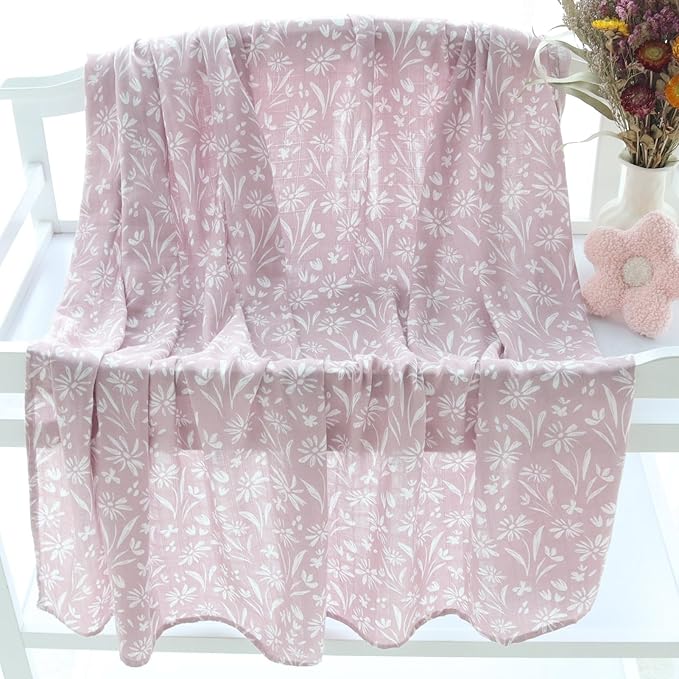 LifeTree Swaddle Blankets Baby Girl, 2-Pack Super Soft 70% Viscose Bamboo and 30% Cotton Muslin Swaddles Blankets (Large 47" x 47"), Mauve Floral & Blush Leopard Pattern, Newborn Baby Registry