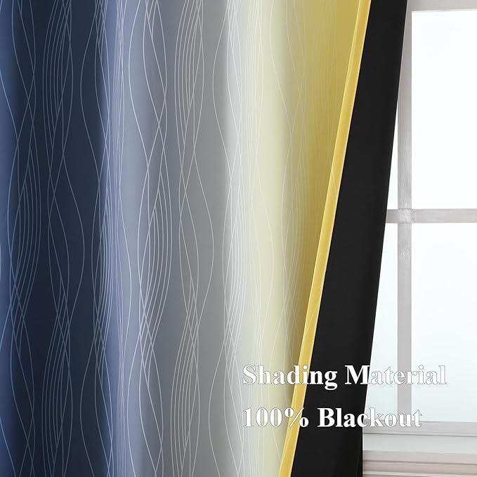 Estelar Textiler Navy Blue and Yellow Ombre Blackout Curtains for Living Room, Full Room Darkening Grommet Curtains for Bedroom, Thermal Insulated Light Blocking Gradient Drapes, 42Wx72L, 2 Panels
