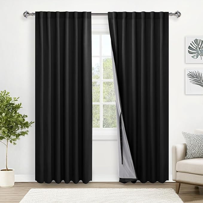 XWZO 100% Blackout Curtains 84 Inches Long with Tiebacks- Privacy Protection, Energy Efficiency Window Panels with Black Liner for Bedroom/Office, Rod Pocket & Back Tab, Black, W52 x L84, Set of 2