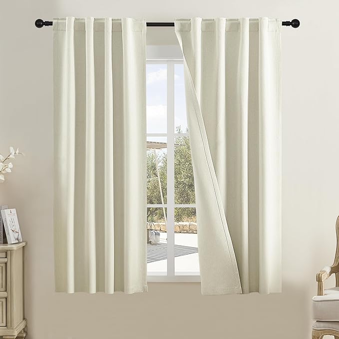 DUALIFE Beige Blackout Linen Curtains 54 Inches Long-Back Tab Loop Pocket Narrow Curtains for Bedroom Bathroom Basement D閏or 34x54 Inch Length Ivory Cream Colored 2 Panels Set