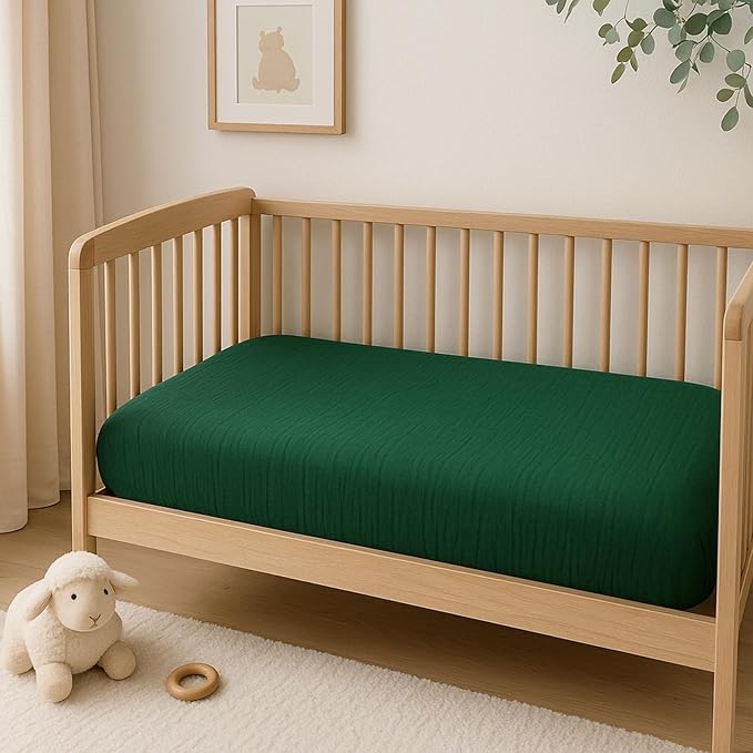 PET REJOIR 2 Pack Emerald Green Muslin Crib Sheets for Boys & Girl- Neutral Breathable Cotton Crib Mattress Sheets Fitted for Standard 28"x 52"- Nursery Décor No Slip Bed Sheets