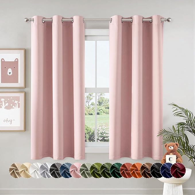MIULEE Baby Pink Blackout Curtains for Girls Bedroom Living Room 68 Inches Long 2 Panels, Nursery Thermal Insulated Room Darkening Drapes Solid Grommet Top Noise Reducing Window Curtains 40x68 Inch