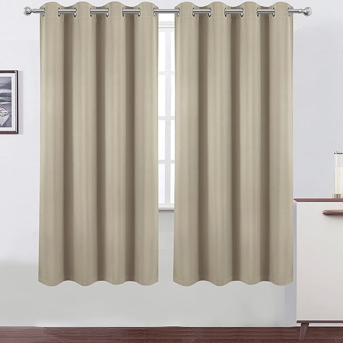 LEMOMO 100% Blackout Curtains 52 x 72 Inch/Beige Curtains 2 Panels with Black Lining Room Darkening Thermal Insulated Bedroom Curtains