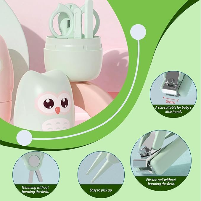 Baby Nail Kit 4 in 1 Cartoon Portable Safe Baby Nail Clippers Set with Cute Owl Case for Newborn, Infant, Toddler