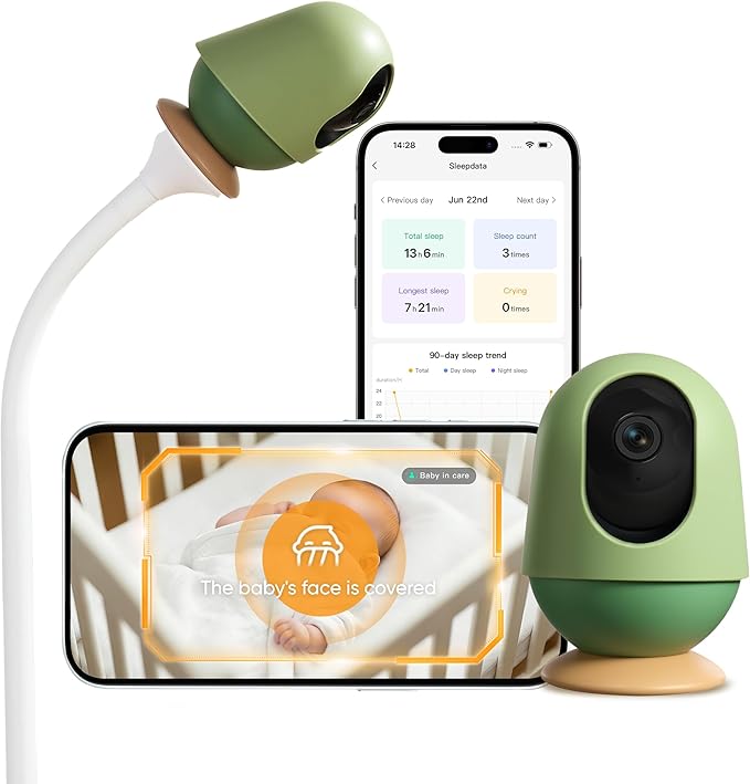 Monai Smart Baby Monitor - 3K HD WiFi Video Baby Camera with 7 AI Features, Pan-Tilt, 6X Zoom & Night Vision, Instant Alerts for Cry/Sound/Sleep/Face Covered/Motion, No Monthly Fee, Nursery Monitor