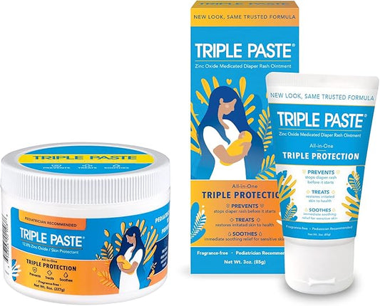 Triple Paste Diaper Rash Cream for Baby - 8 Oz Tub & 3 Oz Tube At Home & On the Go Bundle – Zinc Oxide Ointment Treats, Soothes & Prevents Diaper Rash, Baby Essentials for Daily & Overnight