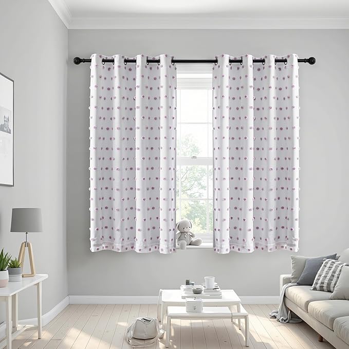 MEETSKY 100% Blackout Curtains for Girls Bedroom 63 Inch Length 2 Panels,Full Light Blocking Purple Pom Pom Curtains for Kids Room,Room Darkening Kitchen Window 2 Layered Drapes 52W x 63L