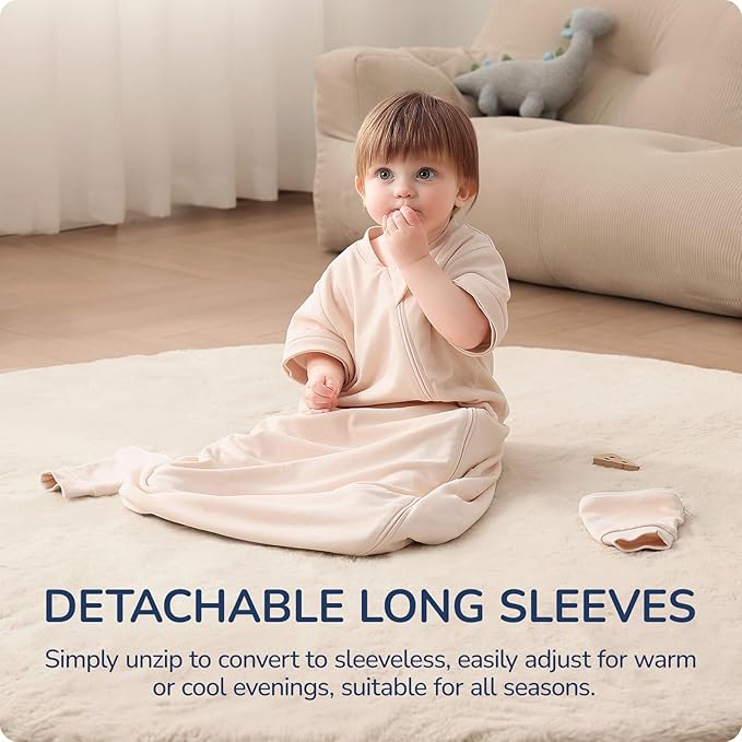 Baby Sleep Sack 6–12 Months, Cotton Sleep Sack with Detachable Long Sleeves, 1.0 TOG Wearable Blanket for Cooler Nights, 2-Way Zipper Toddler Sleeping Sack with Temperature Strip, Pink