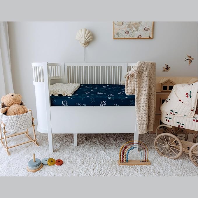 Dreamology Mini Crib Sheets, Pack and Play Sheets Fitted, 100% Cotton Mini Crib Sheets Fitted, Boy, Girl, Pack n Play Sheet, Crib Mattress Sheets, 24x38 Crib Sheets | Dino, Denim Blue