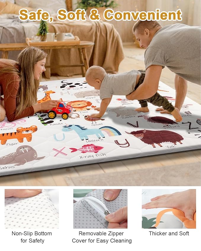 Premium Foam Baby Play Mat 74" x 50" – Removable & Machine Washable Cover, Extra Thick Padding Playpen Mat, Non-Slip Crawling Mat, Easy to Clean for Infants, Toddlers & Babies