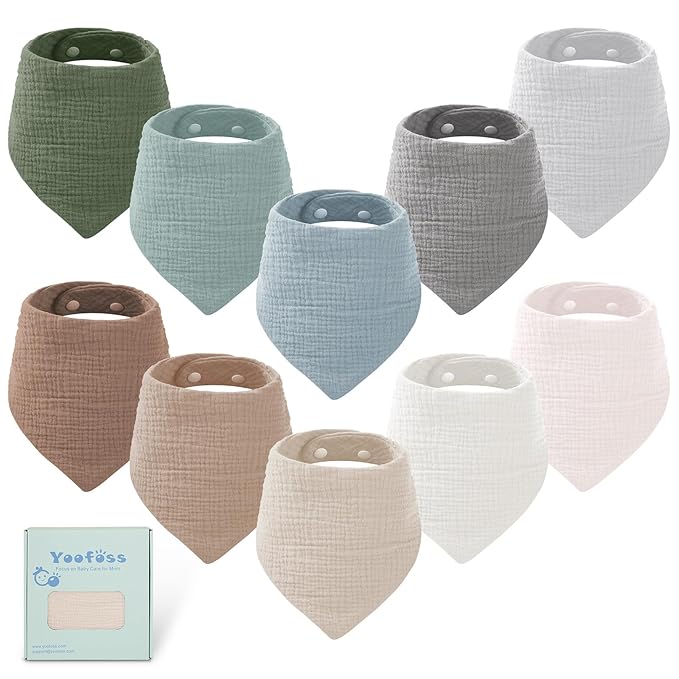Yoofoss Muslin Baby Bibs 10 Pack 100% Organic Cotton 6-Layer Soft Absorbent Drool Bandana Baby Bibs for Drooling and Teething for Boys and Girls, Brown & Green