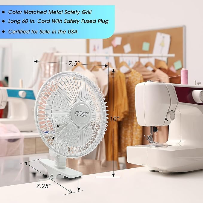 Comfort Zone Portable Clip on Stroller Fan, 6 inch with Fully Adjustable Tilt, Quiet 2 Speed Bedside Fan, Mini Desk Fan, Table Fan, Easily Clip on to Desk, Stroller or Bedroom Nightstand, Black