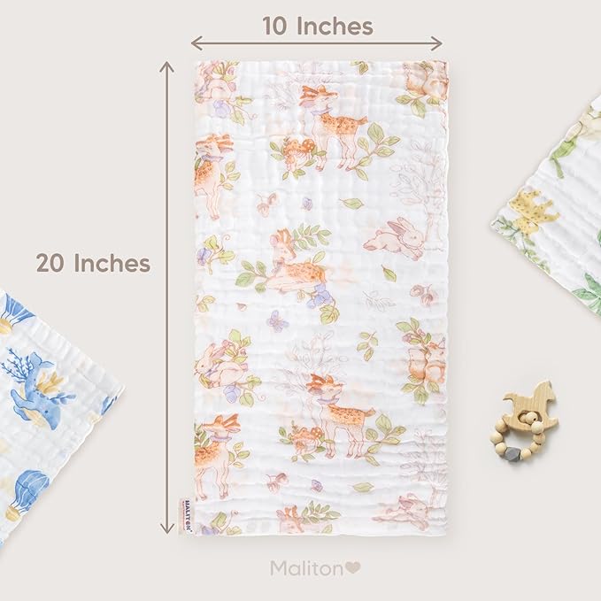 Maliton Muslin Baby Burp Cloths 20" x 10" - Large, 6-Layer, Ultra Absorbent 100% Cotton for Baby Drool & Messes, Soft, Pack of 6, Safe & Gentle Baby Rags for Boys & Girls - Floral