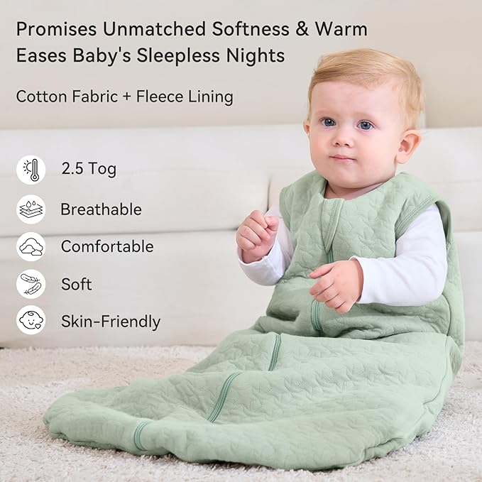 Unnivoll Baby Sleep Sack 6-12 Months TOG 2.5 Winter Baby Wearable Blanket, 100% Cotton Fabric Newborn Infant Sleeping Sack 2-Way Zipper Quilted Baby Sleep Bag, Warm Soft Green