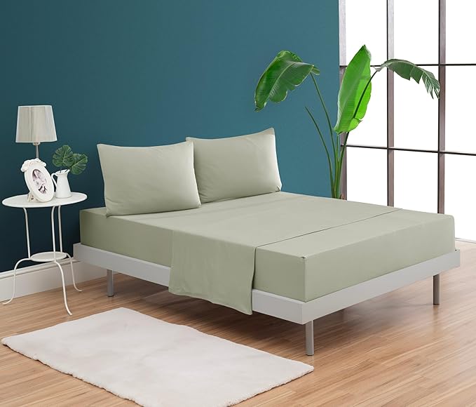 100% Cotton Bed Sheet Set with Deep Pocket - T-Shirt Fabric Jersey Knit - Extra Soft - Easy Fit - 4 Piece Set with Pillowcases - All Season - Comfy – 4 pcs (Mineral Green, King)