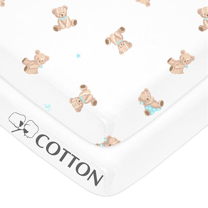 American Baby Company 2 Pack 100% Natural Cotton Fitted Mini Crib Sheets 38" x 24" - Soft & Breathable Small Nesting Portable Sheets, Fits Pack N Play Mattresses, Bear and White, for Boys & Girls