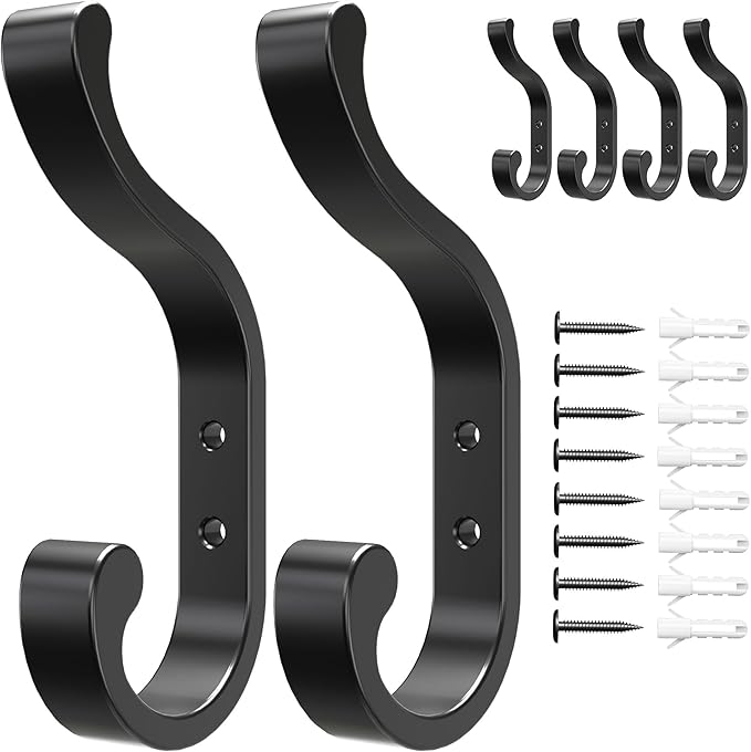 Wall-Mount Coat Hooks, Heavy Duty 30LB Hooks for Hanging Coats, Bags, Backpacks, Keys, Hats – Black Metal Hooks for Wall,Door (6 Pack)