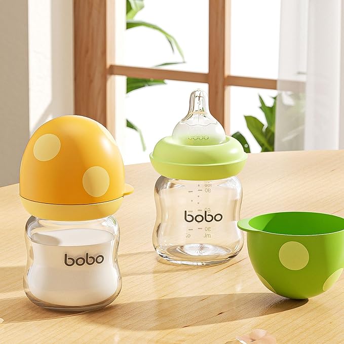 YOHKOH Natural Glass Baby Bottle with Level 1 Slow Flow Nipple, Newborn Anti-Colic Baby Bottles, Wide Neck Mushroom Baby Glass Bottle (Green, 3.4oz (Pack of 2))