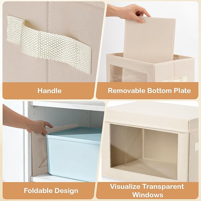Collapsible Toy Storage Bins 6 PCS with Lids & Clear Window, Fabric Organizers with Handles for Closet, Nursery, Playroom | Beige Decorative Storage Boxes (14.5x9.4x9.8 Inches)