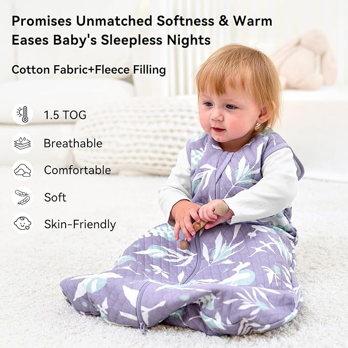 Unnivoll Baby Sleep Sack 0-6 Months 1.5 Tog Baby Wearable Blanket 100% Cotton Fabric Warm Sleeping sack with 2-Way Zipper Quilted for Infant Newborn Tog Purple Leaves
