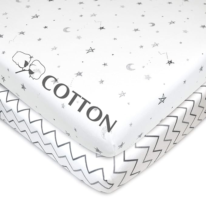 American Baby Company 2 Pack 100% Natural Cotton Fitted Mini Crib Sheets 38" x 24" - Soft & Breathable Small Nesting Portable Sheets, Fits Pack N Play Mattresses, Gray Stars/Zigzag, for Boys & Girls