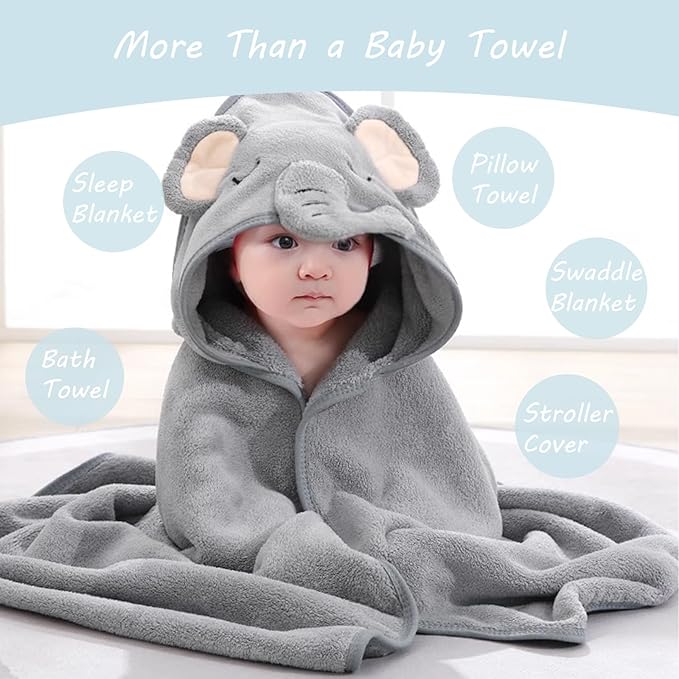 2 Pack Hooded Baby Towels for Newborn, Baby Bath Towel with Hood for Babies, Infant, Toddler and Kids, Soft and Absorbent Newborn Essential(Elephant & Tiger)